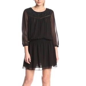 Sam Edelman Long Sleeve Winter Folklore Chiffon Smocked Waist Dress Black XS NWT